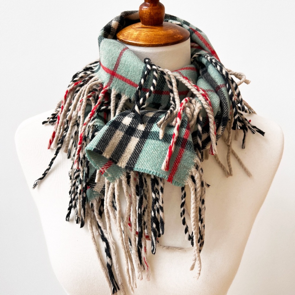 Burberry Turquoise Happy Nova Check Double Fringe Cashmere Scarf